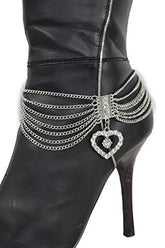 Dangling Rhinestone Heart Charm Multi Strand Metal Boot Chain